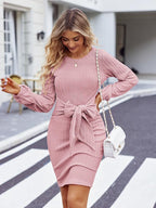 Women'S Elegant Knit Dress Long Lantern Sleeve Fall Bodycon Crewneck Tie Waist Rib Knitted Sweater Dresses Basic Chic Minimalist Sizes Run Small Petite