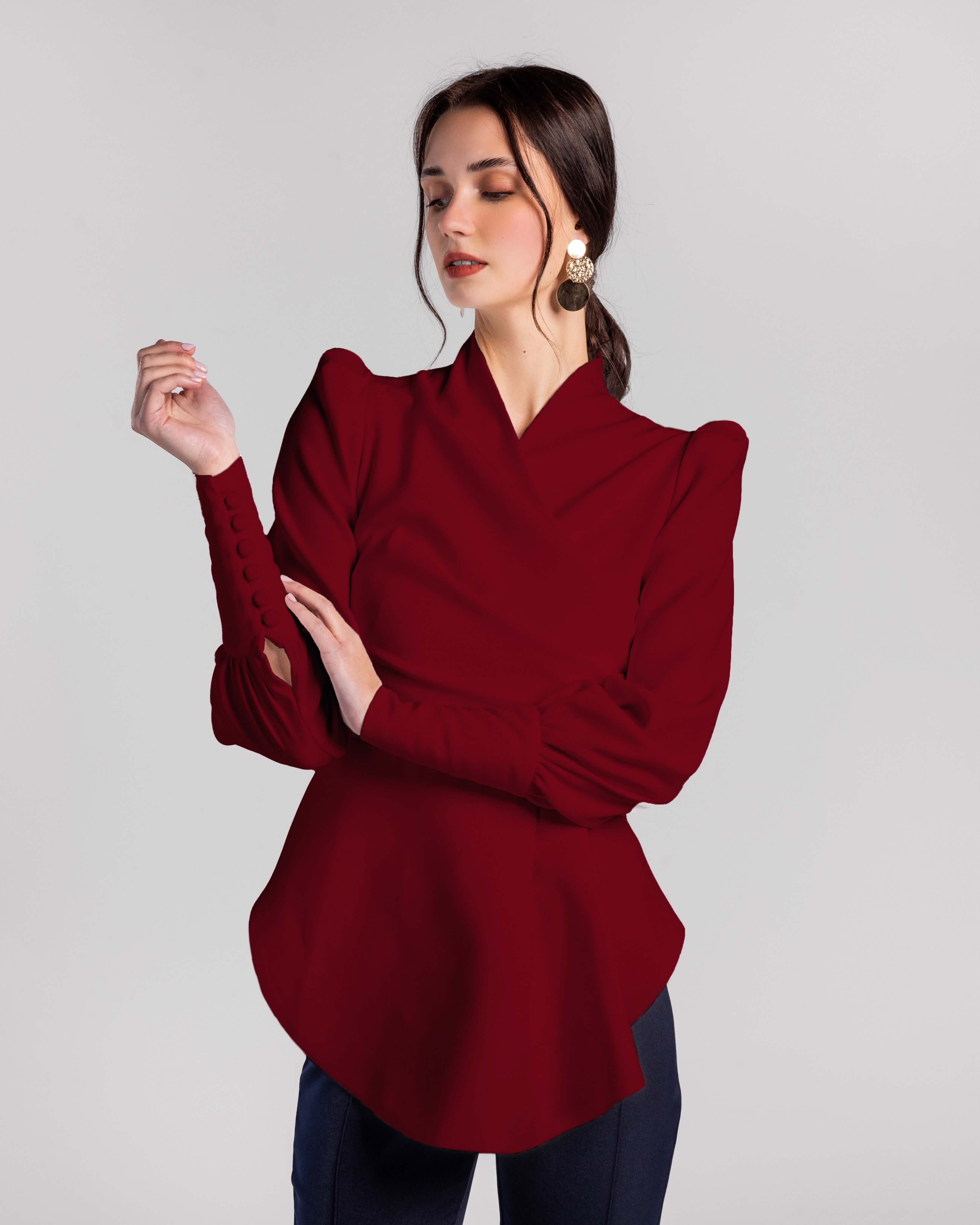 Crimson Cascade Button-Sleeve Blouse