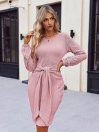 Women'S Elegant Knit Dress Long Lantern Sleeve Fall Bodycon Crewneck Tie Waist Rib Knitted Sweater Dresses Basic Chic Minimalist Sizes Run Small Petite