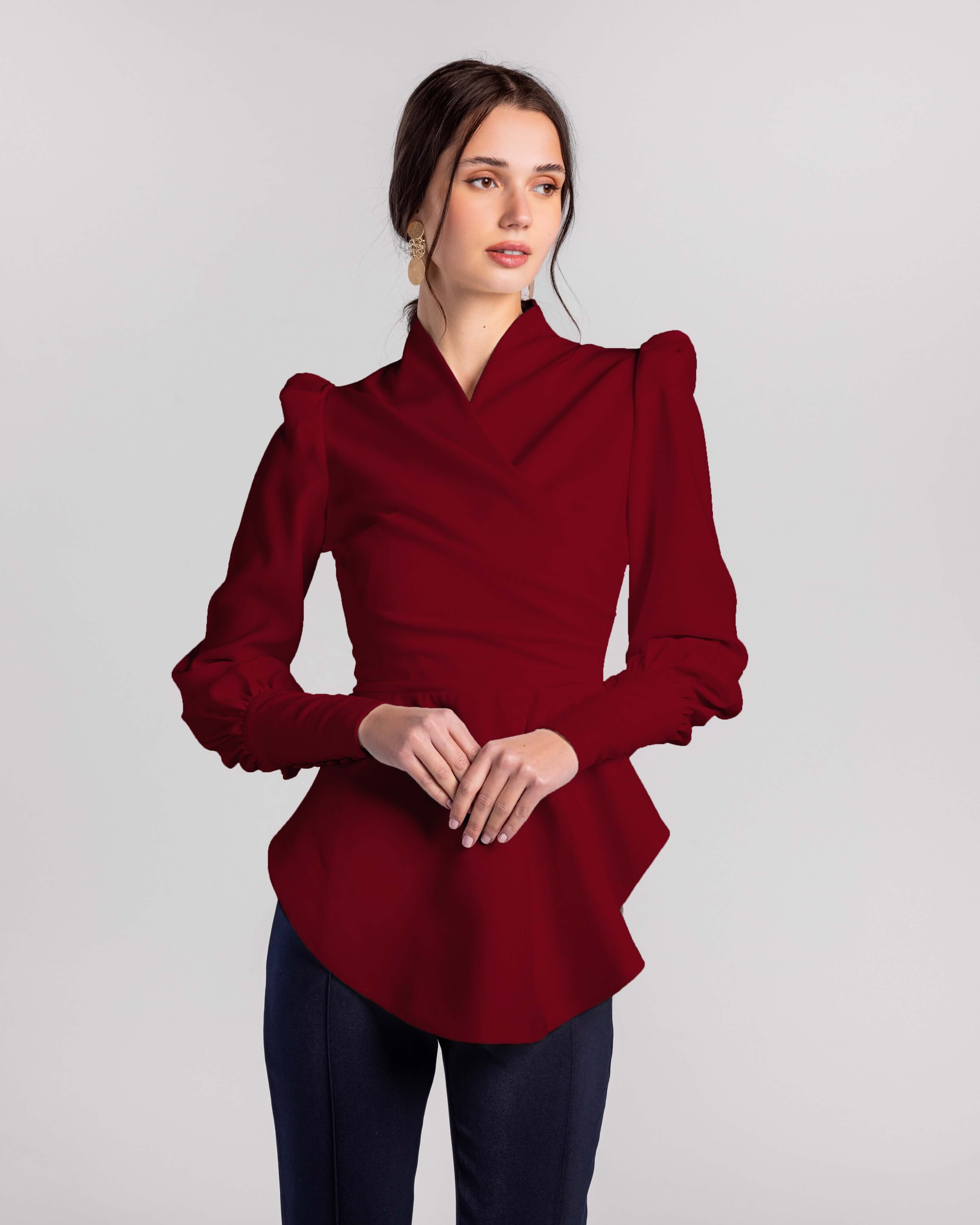 Crimson Cascade Button-Sleeve Blouse