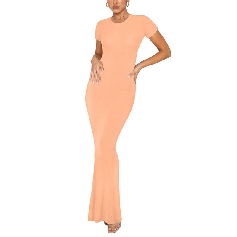 REORIA Women'S Sexy Round-Neck Long Dress Beach Vibes Dresses Women'S Casual Lounge Long Dress Elegant Shortsleeve Basic Crewneck Maxi Dresses Lady Womenswear Machine Washable Light Grey+Burgundy Minimalist Fit