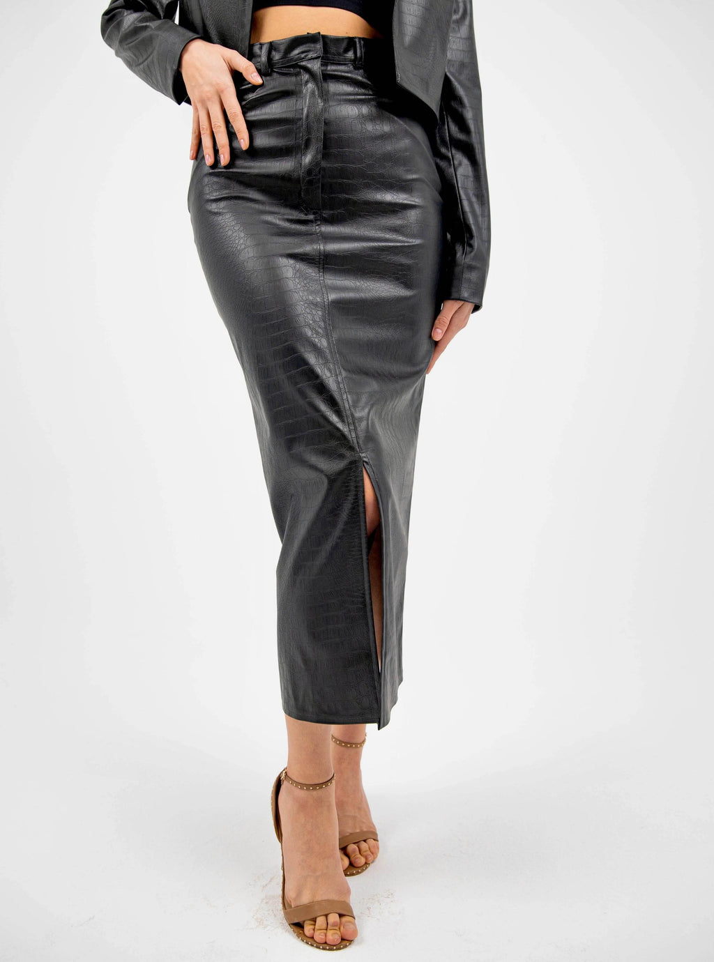 FAUX NATURAL LEATHER CROC MIDI SKIRT