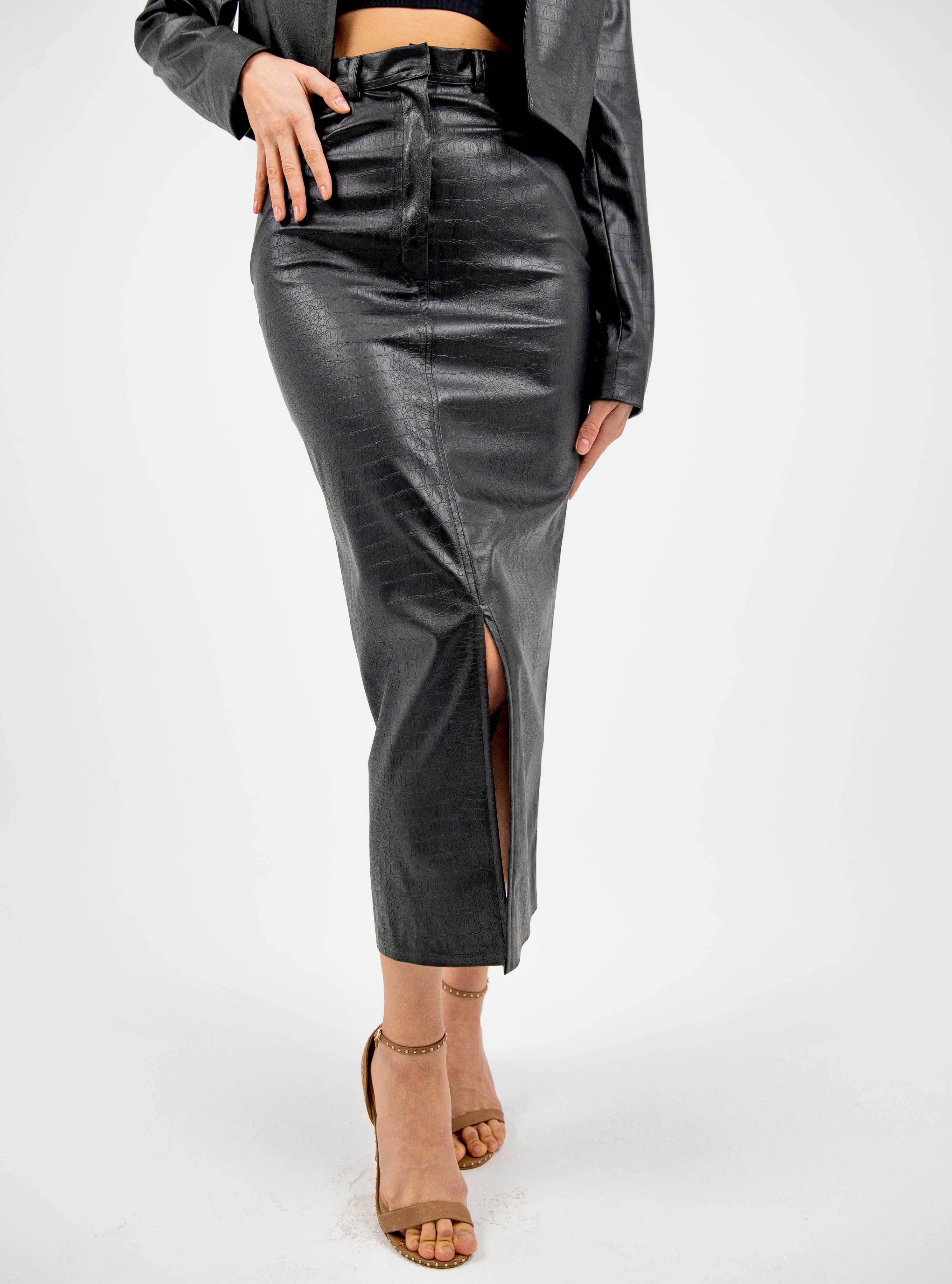 FAUX NATURAL LEATHER CROC MIDI SKIRT