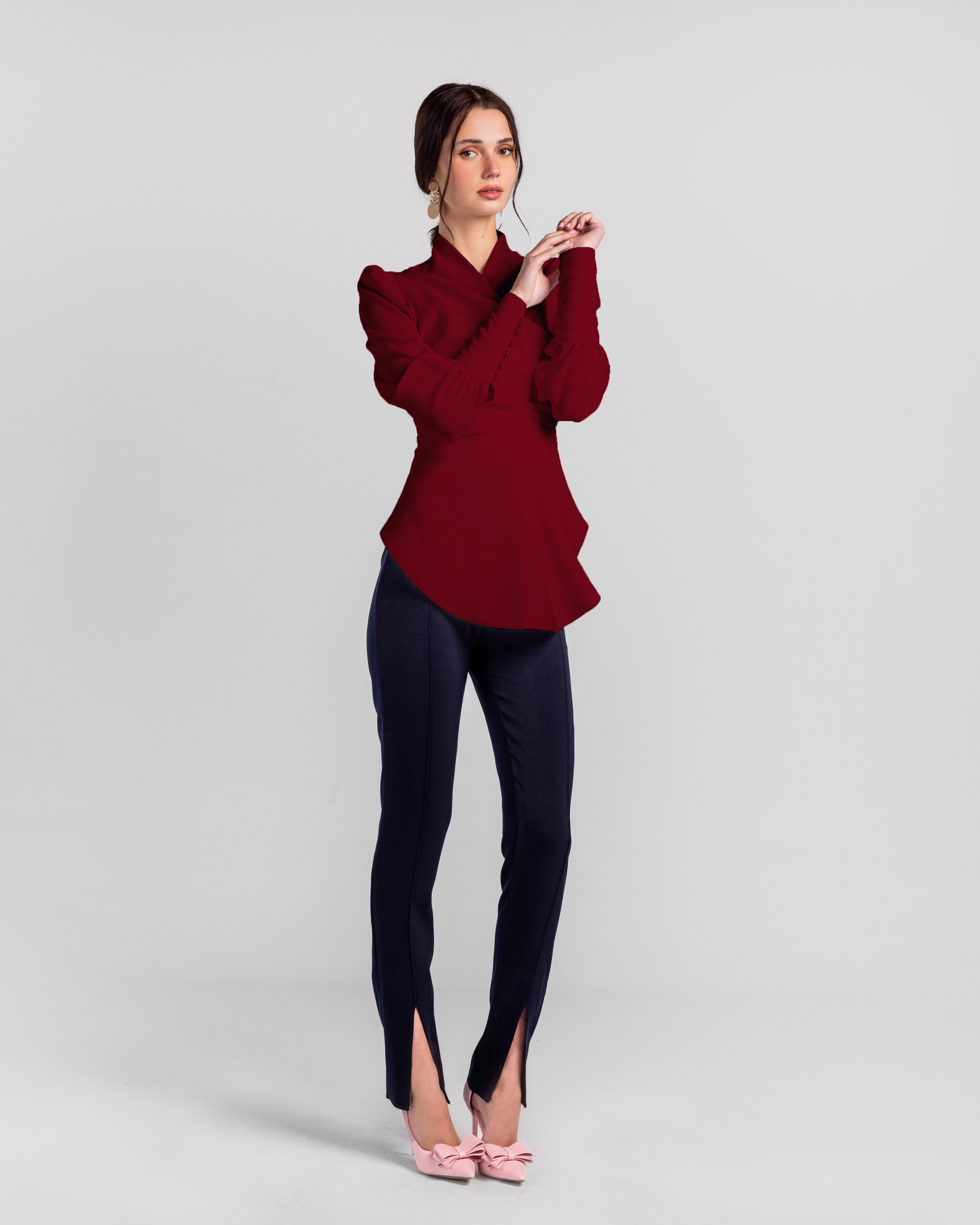 Crimson Cascade Button-Sleeve Blouse
