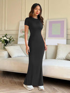 REORIA Women'S Sexy Round-Neck Long Dress Beach Vibes Dresses Women'S Casual Lounge Long Dress Elegant Shortsleeve Basic Crewneck Maxi Dresses Lady Womenswear Machine Washable Light Grey+Burgundy Minimalist Fit