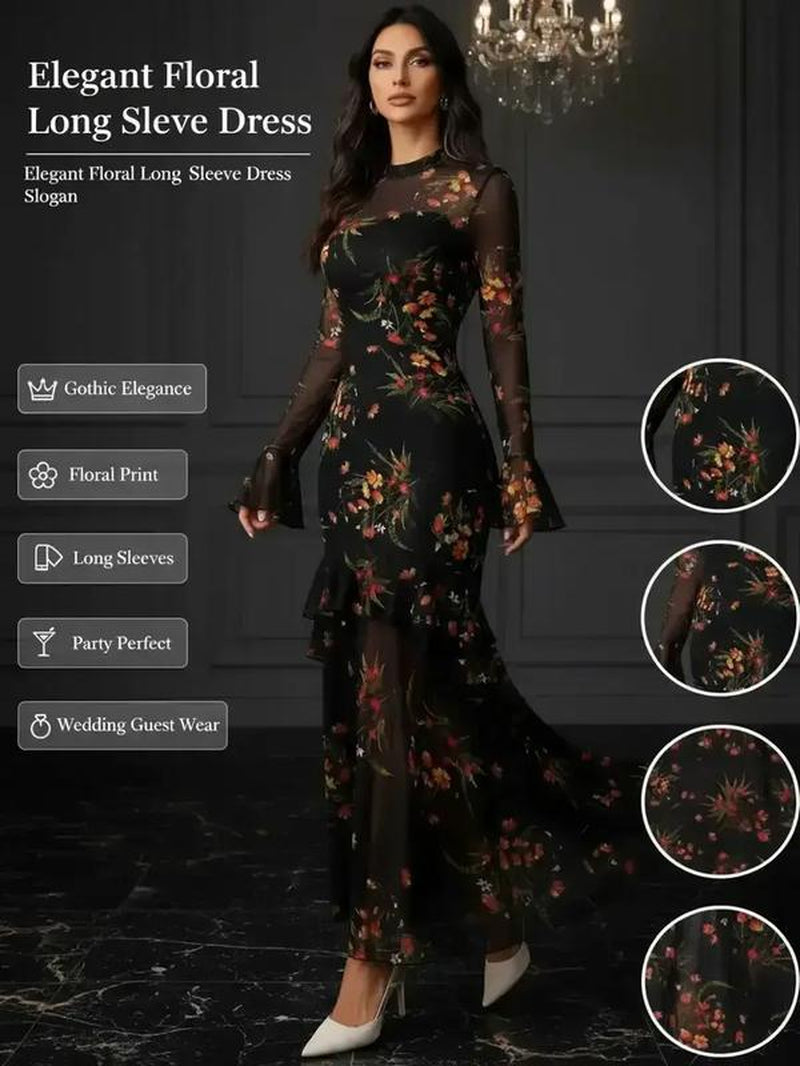 Women'S Floral Print Dress, Elegant Gothic Long Sleeve Dress for Party Holiday Wedding Guest, Ladies Clothes for All Seasons
