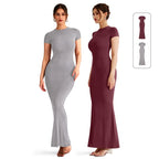 REORIA Women'S Sexy Round-Neck Long Dress Beach Vibes Dresses Women'S Casual Lounge Long Dress Elegant Shortsleeve Basic Crewneck Maxi Dresses Lady Womenswear Machine Washable Light Grey+Burgundy Minimalist Fit