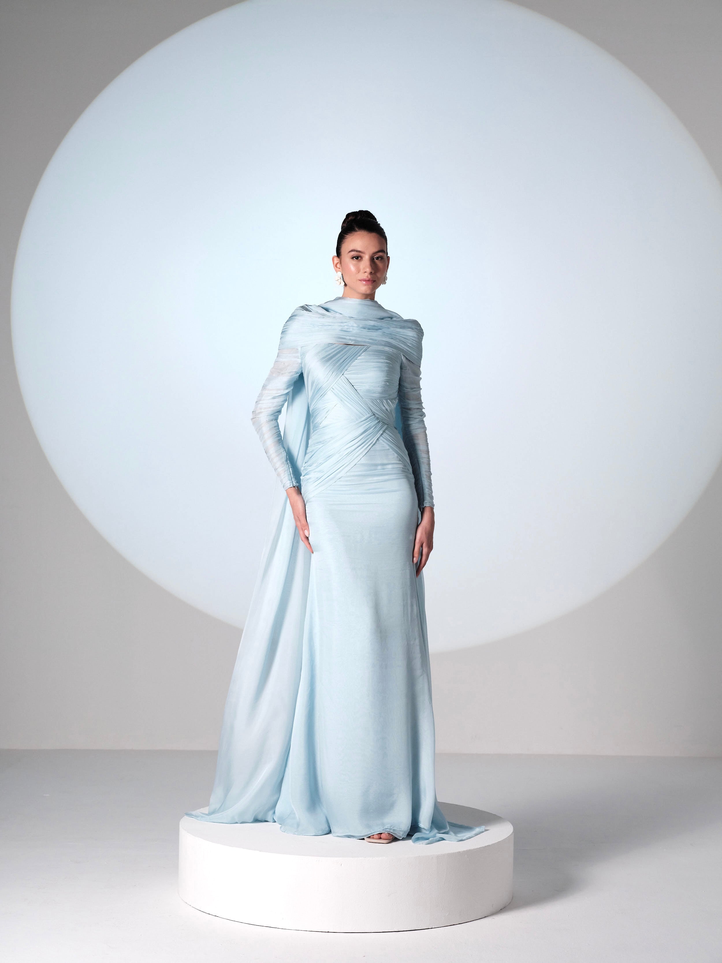 Ethereal Sky Blue Draped Silk Gown