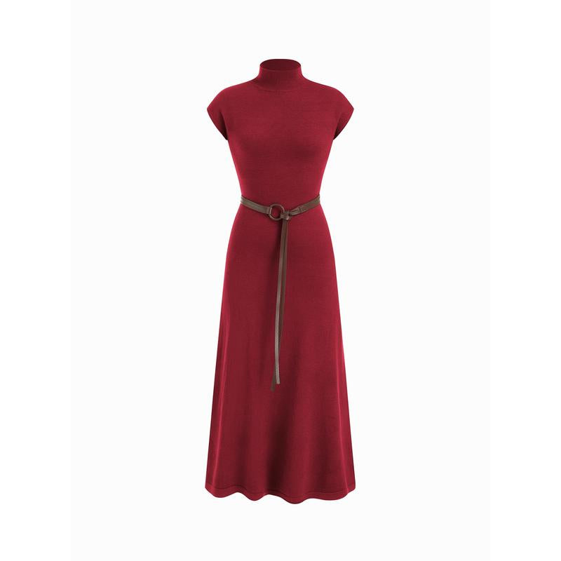 Cider Knit High Neck Long Sleeve A-Line Maxi Dress with Belt