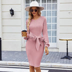 Women'S Elegant Knit Dress Long Lantern Sleeve Fall Bodycon Crewneck Tie Waist Rib Knitted Sweater Dresses Basic Chic Minimalist Sizes Run Small Petite
