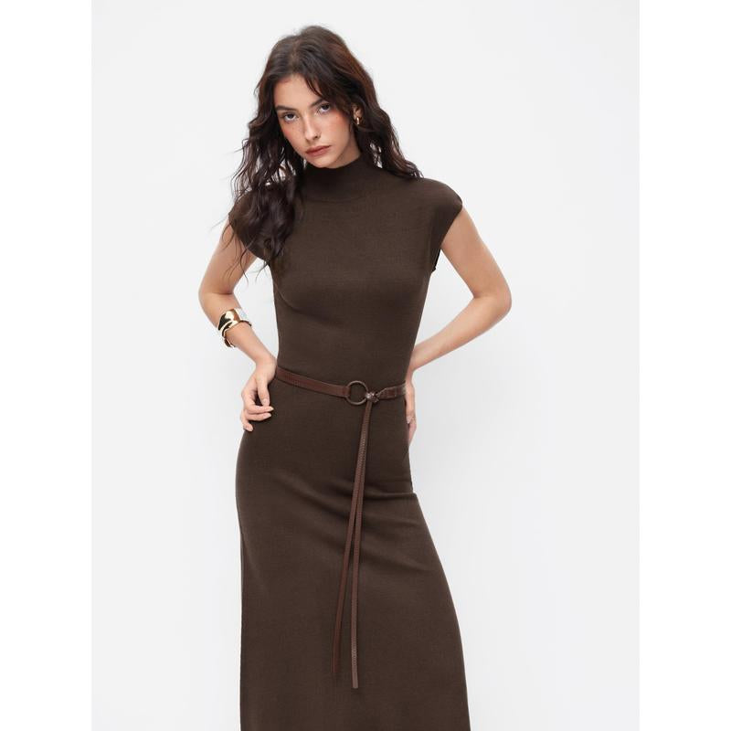Cider Knit High Neck Long Sleeve A-Line Maxi Dress with Belt