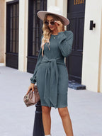 Women'S Elegant Knit Dress Long Lantern Sleeve Fall Bodycon Crewneck Tie Waist Rib Knitted Sweater Dresses Basic Chic Minimalist Sizes Run Small Petite