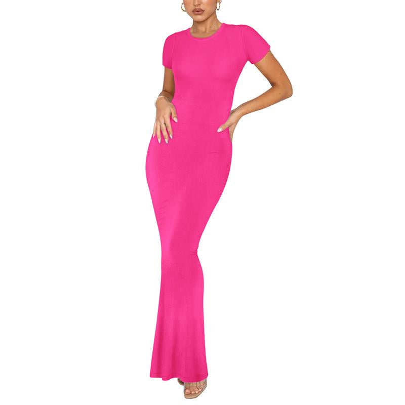 REORIA Women'S Sexy Round-Neck Long Dress Beach Vibes Dresses Women'S Casual Lounge Long Dress Elegant Shortsleeve Basic Crewneck Maxi Dresses Lady Womenswear Machine Washable Light Grey+Burgundy Minimalist Fit