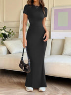 REORIA Women'S Sexy Round-Neck Long Dress Beach Vibes Dresses Women'S Casual Lounge Long Dress Elegant Shortsleeve Basic Crewneck Maxi Dresses Lady Womenswear Machine Washable Light Grey+Burgundy Minimalist Fit