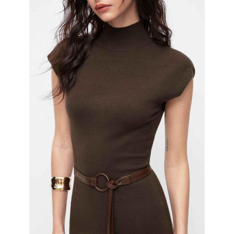 Cider Knit High Neck Long Sleeve A-Line Maxi Dress with Belt