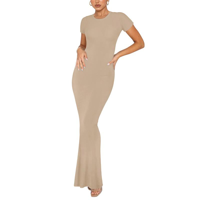 REORIA Women'S Sexy Round-Neck Long Dress Beach Vibes Dresses Women'S Casual Lounge Long Dress Elegant Shortsleeve Basic Crewneck Maxi Dresses Lady Womenswear Machine Washable Light Grey+Burgundy Minimalist Fit