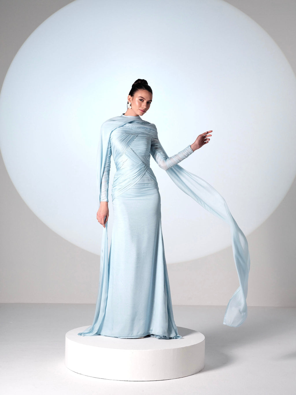 Ethereal Sky Blue Draped Silk Gown