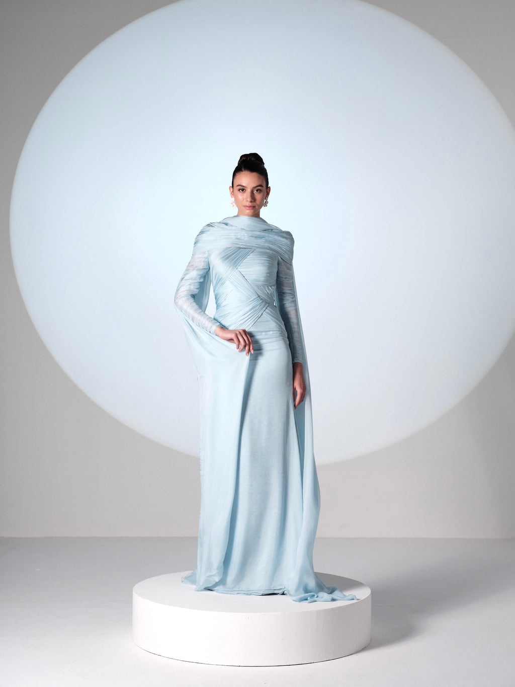 Ethereal Sky Blue Draped Silk Gown