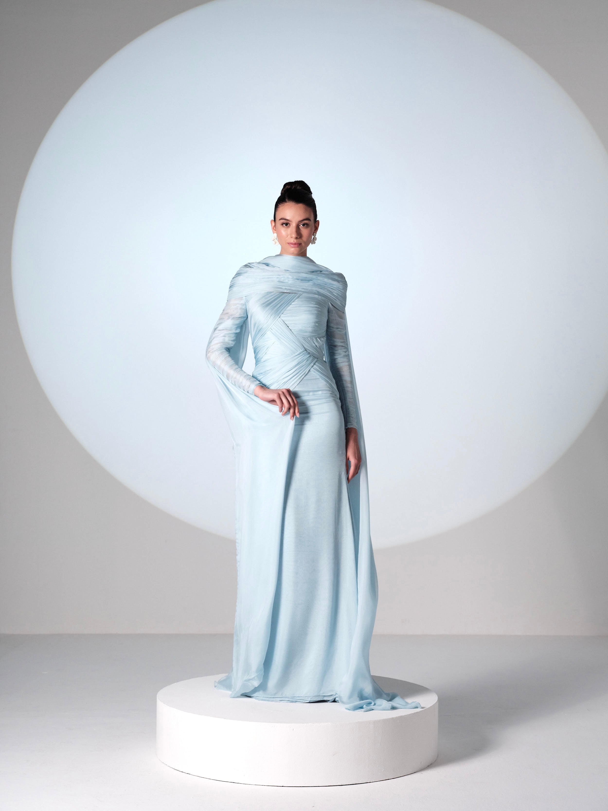 Ethereal Sky Blue Draped Silk Gown
