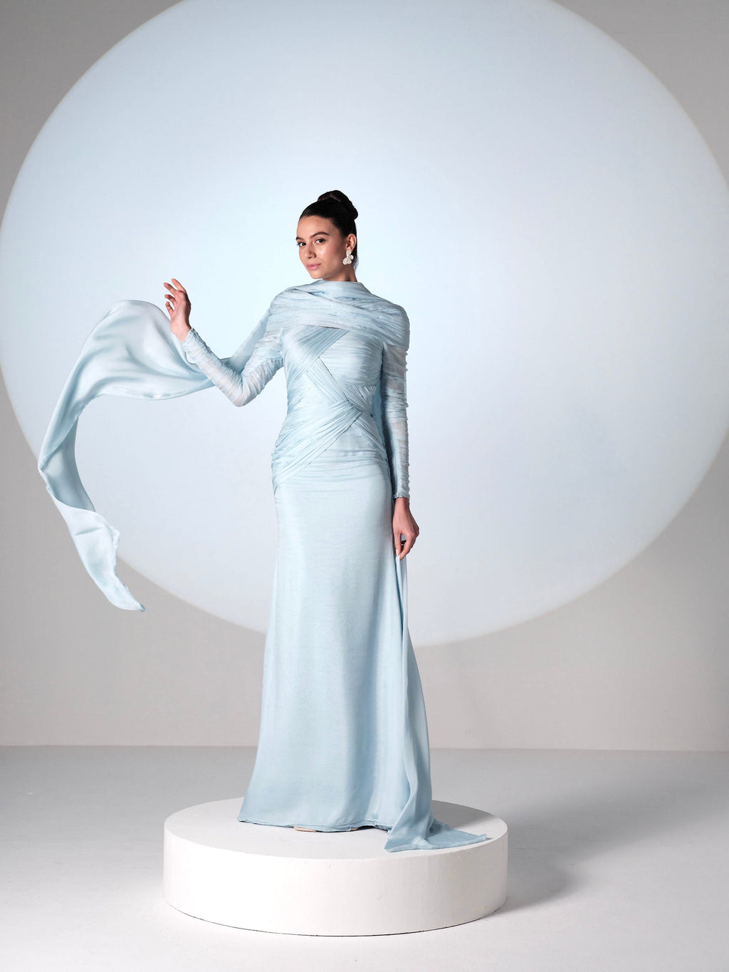 Ethereal Sky Blue Draped Silk Gown
