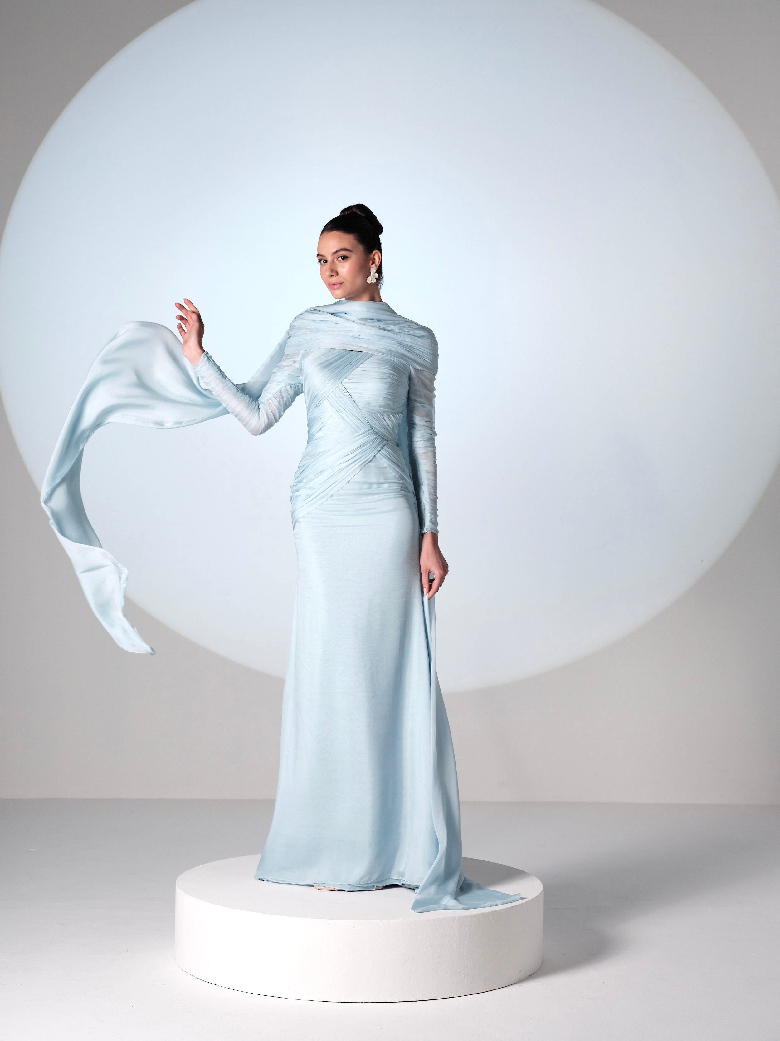 Ethereal Sky Blue Draped Silk Gown