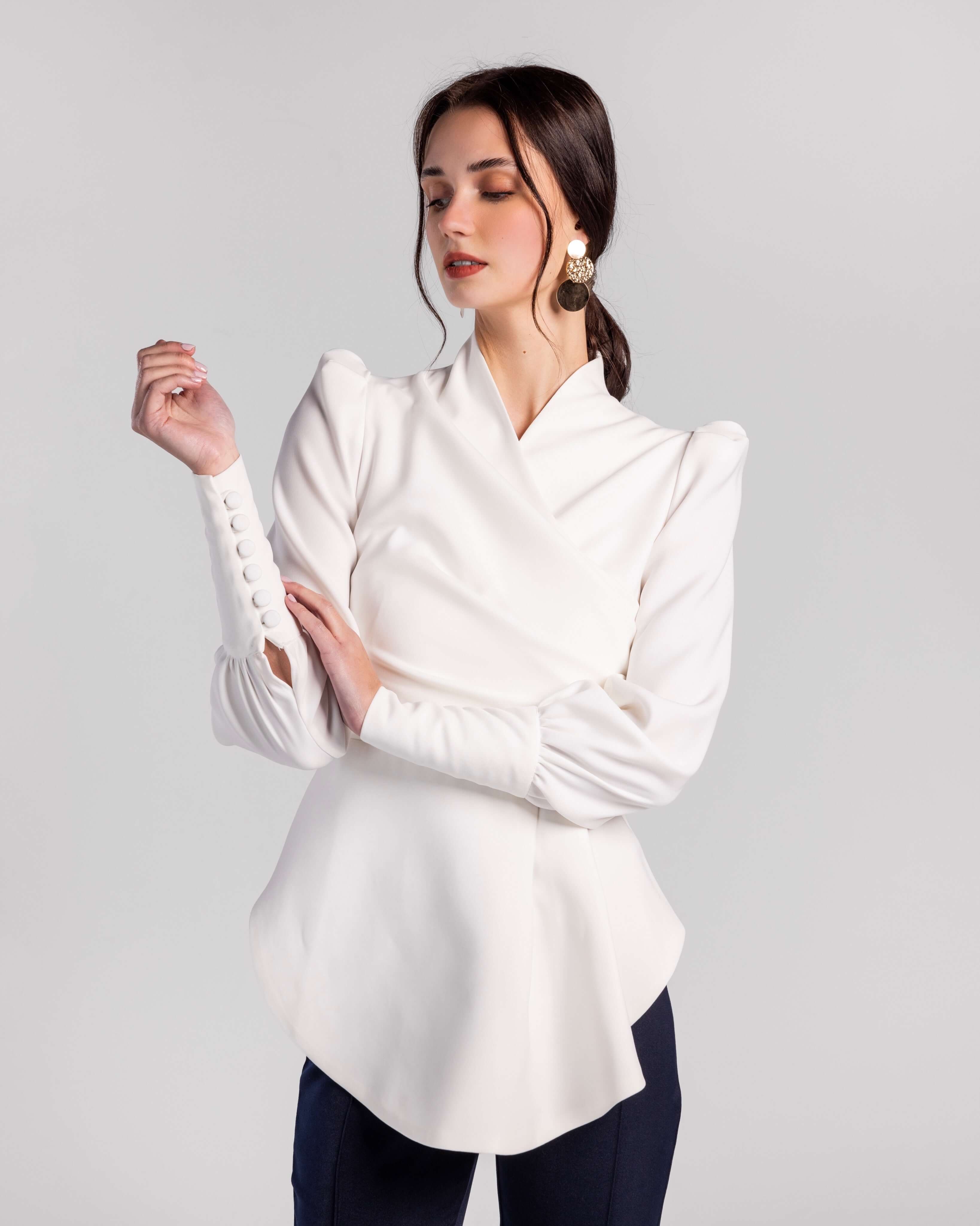 Crimson Cascade Button-Sleeve Blouse