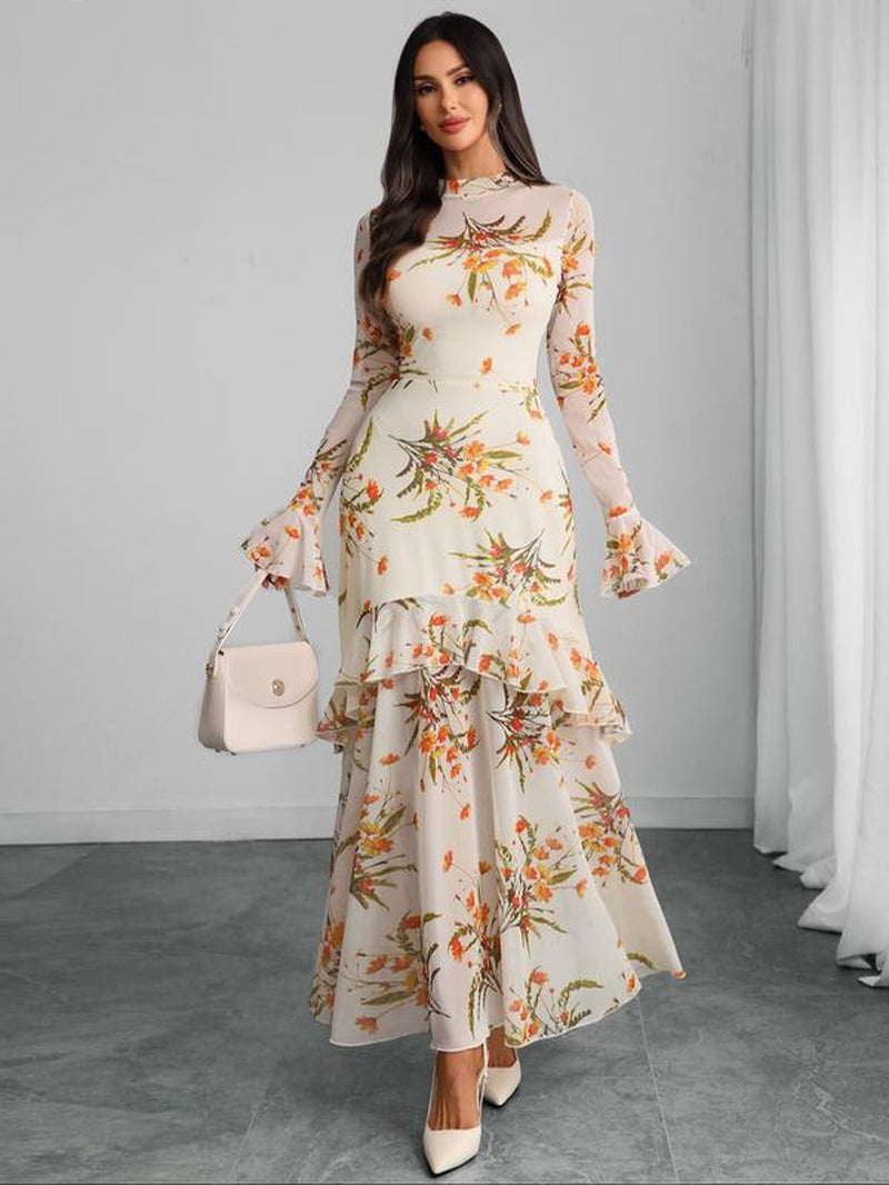 Women'S Floral Print Dress, Elegant Gothic Long Sleeve Dress for Party Holiday Wedding Guest, Ladies Clothes for All Seasons