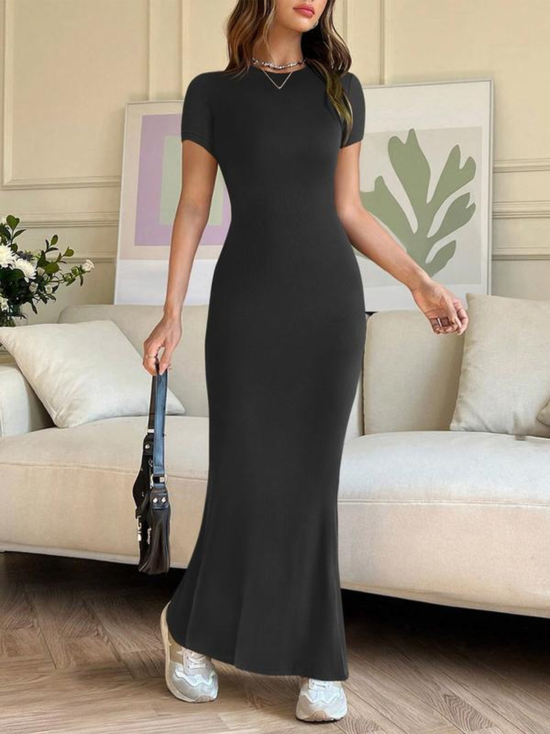 REORIA Women'S Sexy Round-Neck Long Dress Beach Vibes Dresses Women'S Casual Lounge Long Dress Elegant Shortsleeve Basic Crewneck Maxi Dresses Lady Womenswear Machine Washable Light Grey+Burgundy Minimalist Fit