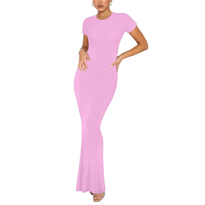 REORIA Women'S Sexy Round-Neck Long Dress Beach Vibes Dresses Women'S Casual Lounge Long Dress Elegant Shortsleeve Basic Crewneck Maxi Dresses Lady Womenswear Machine Washable Light Grey+Burgundy Minimalist Fit