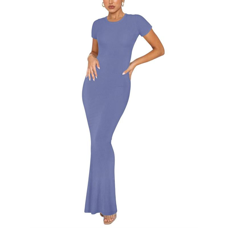 REORIA Women'S Sexy Round-Neck Long Dress Beach Vibes Dresses Women'S Casual Lounge Long Dress Elegant Shortsleeve Basic Crewneck Maxi Dresses Lady Womenswear Machine Washable Light Grey+Burgundy Minimalist Fit