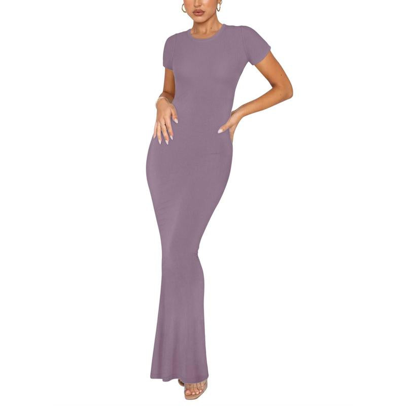 REORIA Women'S Sexy Round-Neck Long Dress Beach Vibes Dresses Women'S Casual Lounge Long Dress Elegant Shortsleeve Basic Crewneck Maxi Dresses Lady Womenswear Machine Washable Light Grey+Burgundy Minimalist Fit