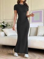 REORIA Women'S Sexy Round-Neck Long Dress Beach Vibes Dresses Women'S Casual Lounge Long Dress Elegant Shortsleeve Basic Crewneck Maxi Dresses Lady Womenswear Machine Washable Light Grey+Burgundy Minimalist Fit