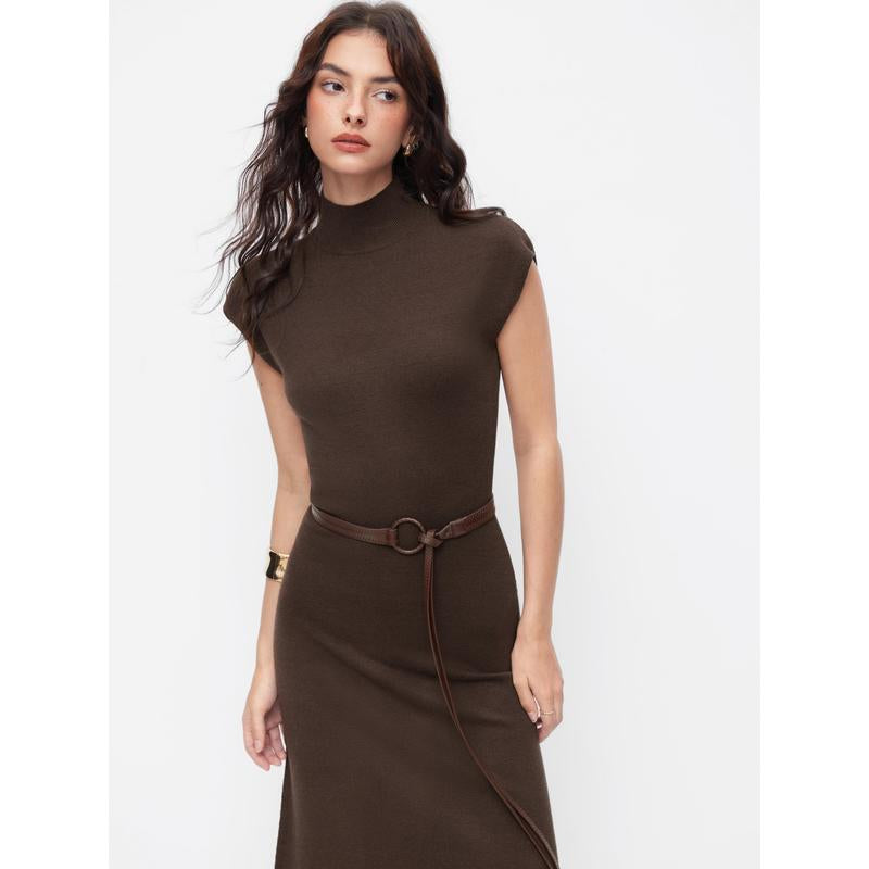 Cider Knit High Neck Long Sleeve A-Line Maxi Dress with Belt
