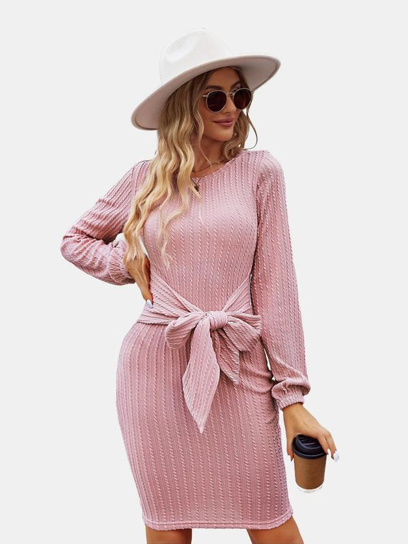 Women'S Elegant Knit Dress Long Lantern Sleeve Fall Bodycon Crewneck Tie Waist Rib Knitted Sweater Dresses Basic Chic Minimalist Sizes Run Small Petite