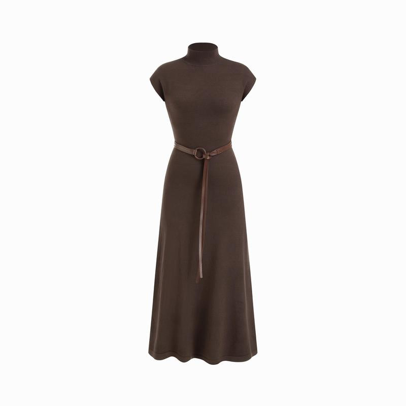 Cider Knit High Neck Long Sleeve A-Line Maxi Dress with Belt