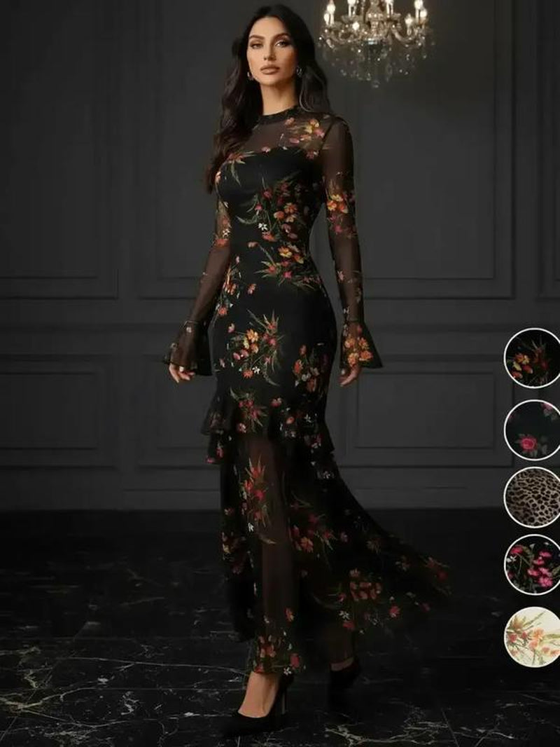 Women'S Floral Print Dress, Elegant Gothic Long Sleeve Dress for Party Holiday Wedding Guest, Ladies Clothes for All Seasons