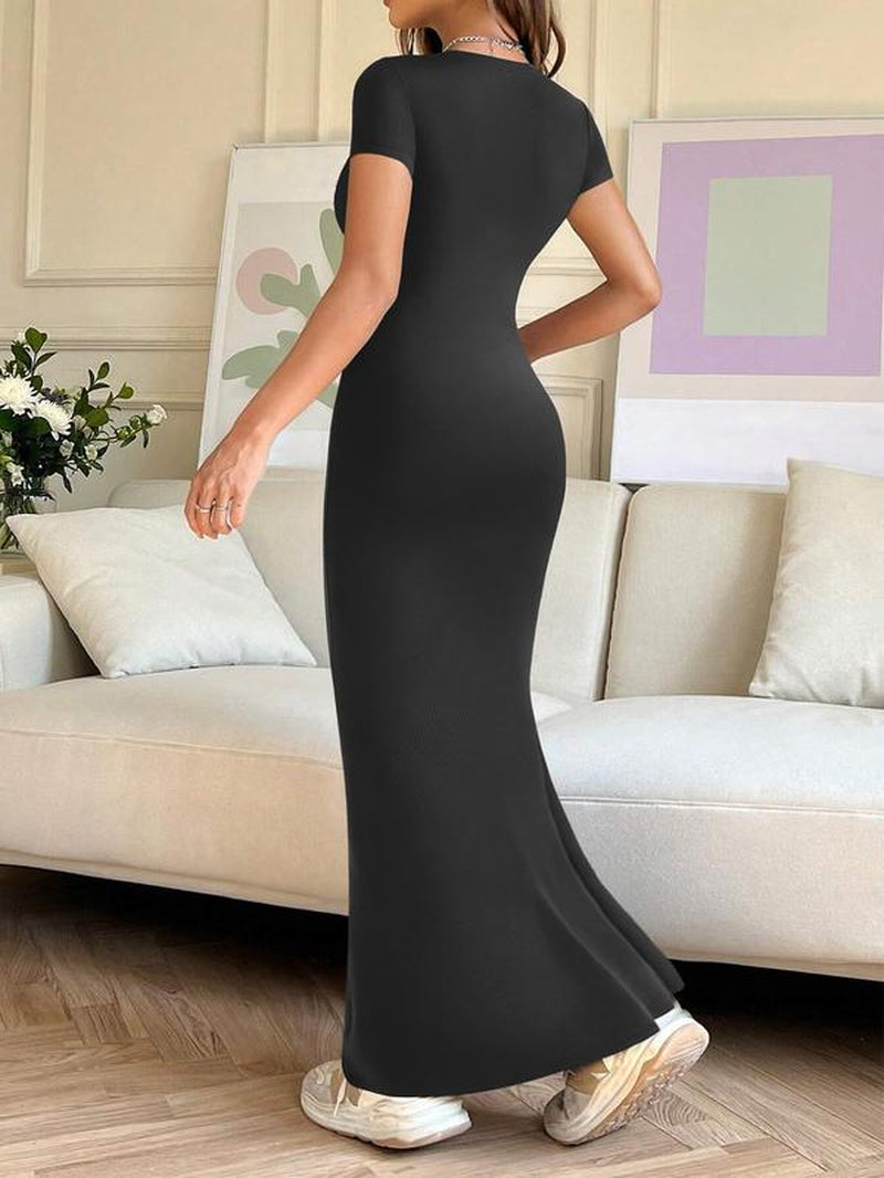 REORIA Women'S Sexy Round-Neck Long Dress Beach Vibes Dresses Women'S Casual Lounge Long Dress Elegant Shortsleeve Basic Crewneck Maxi Dresses Lady Womenswear Machine Washable Light Grey+Burgundy Minimalist Fit